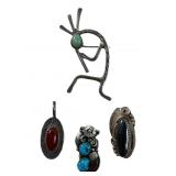 (4) SIGNED STERLING NATIVE AMERICAN PENDANTS & PIN