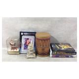 Lot: Figurine, DVDs, Drum, Frame, Santa Decor