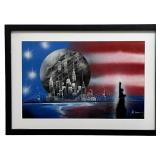 Signed mixed media painting sci-fi cityscape