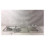 Four Floral-Design Glass Trays and Bowl