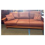 Oak Frame Leather Upholstered Sofa with Cushions