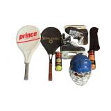 Assorted Sports Gear, Ice Skates, Tennis Rackets,