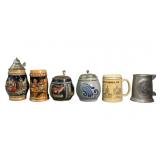 (6) Vintage German Beer Steins Lidded &