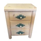 Pinewood Three-Drawer Nightstand With Teal Accents