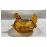 vintage Indiana Glass Amber Hen on Nest covered