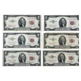 (6) 1953 RED SEAL $2 BANK NOTES