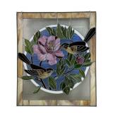 STAINED GLASS PANLE OF TWO HUMMING BIRDS & FLOWERS