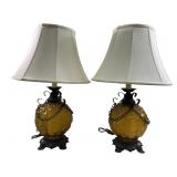 HOLLYWOOD REGENCY AMBER GLASS & IRON LAMPS