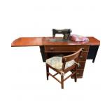 White Sewing Machine with Cabinet and Chair