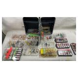 vintage green double-sided tackle box set up w