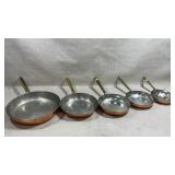 set of five vtg graduated copper frying pans and