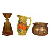 Vintage Amber Glass Decanter, Copper Decor Bowl,