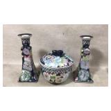 Neiman Marcus candle holders and bowl