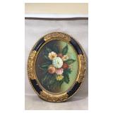 Oval Floral Oil Painting in Ornate Gilded Frame