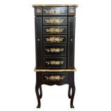 Vintage Hand-painted Black Lacquer Jewelry Armoire