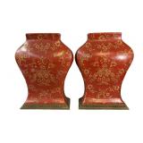(2) Asian Accent Large Red Gold Ceramic Urn Vases