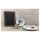 Chalk board, glassware and vintage camera