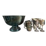 Vintage Large Silver Plated Punch Bowl with Cups