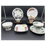 3 TARTAN TEACUPS AND SAUCERS & 2 DISHES