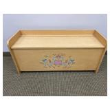 PLYWOOD BENCH WITH TOLE PAINTING ON THE FRONT