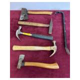 LOT OF HAMMERS, HATCHET AND CROW BAR