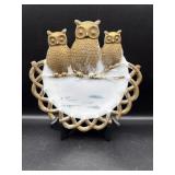 ANTIQUE MILKGLASS PLATE OF 3 OWLS