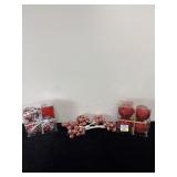 SELECTION OF RED AND SILVER PLASTIC ORNAMENTS