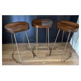SET OF THREE WOOD AND METAL BAR STOOLS