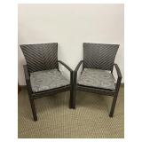 2 PLASTIC WOVEN PLASTIC DECK CHAIRS WITH CUSHIONS