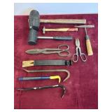 LOT OF MALLETS AND PRY BARS AND TIN SNIPS