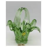 VINTAGE LARGE HAND BLOWN GREEN BASKET