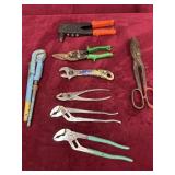 LOT OF PLIERS, SNIPS, AND RIVET GUN