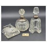 3 ANTIQUE PERFUME BOTTLES WITH STERLING ACCENTS