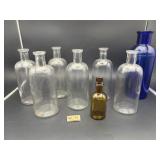 7 APOTHECARY BOTTLES + COBALT BOTTLE