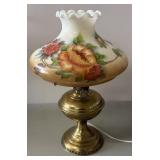 VINTAGE BRASS TABLE LAMP W. GLASS FLOWER SHADE