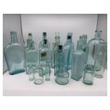 LOT OF 21 VINTAGE AQUA TINTED BOTTLES