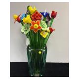SELECTION OF BLOWN GLASS FLOWERS IN VASE