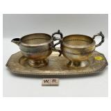 SILVER PLATED CREAM, SUGAR AND TRAY