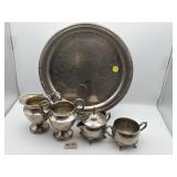 SILVER PLATED  2 CREAMER, 2 SUGAR AND TRAY