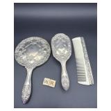 SILVER PLATED HAND MIRROR, BRUSH AND COMB