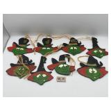 8 HAND PAINTED HALLOWEEN WITCH WOODEN ORNAMENTS
