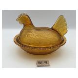 INDIANA GLASS AMBER HEN ON NEST DISH