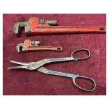 2 PIPE WRENCHES AND LARGE TIN SNIPS
