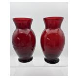 2 RUBY RED GLASS VASES 1 ETCHED 1 PLAIN