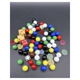 SELECTION OF VINTAGE DICE AND MARKERS AND MARBLES