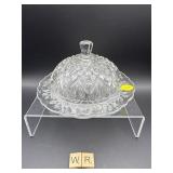 VINTAGE CLEAR PRESSED GLASS COVERED BUTTER DISH