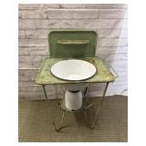 ANTIQUE METAL WASH STAND WITH BASIN AND PICTURE
