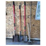 PICK AXE, GARDEN TILLER, 3 SHOVELS