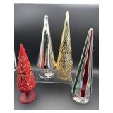 4 BLOWN GLASS CHRISTMAS TREES