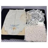 VINTAGE HAND EMBROIDERED LAUDRY BAG AND DOILIES